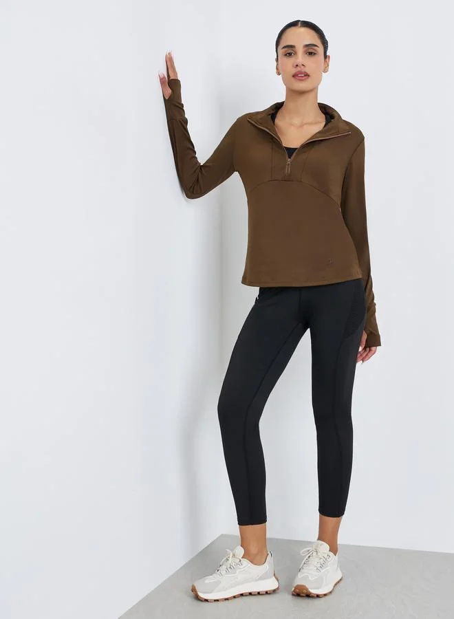 Styli Active Women Rubber Logo Half Zip Long Sleeve Top